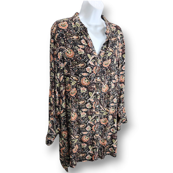 J Jill Buttoned Tunic Blouse Large Petite Black Pink Floral Filigree Lightweight - Picture 3 of 10